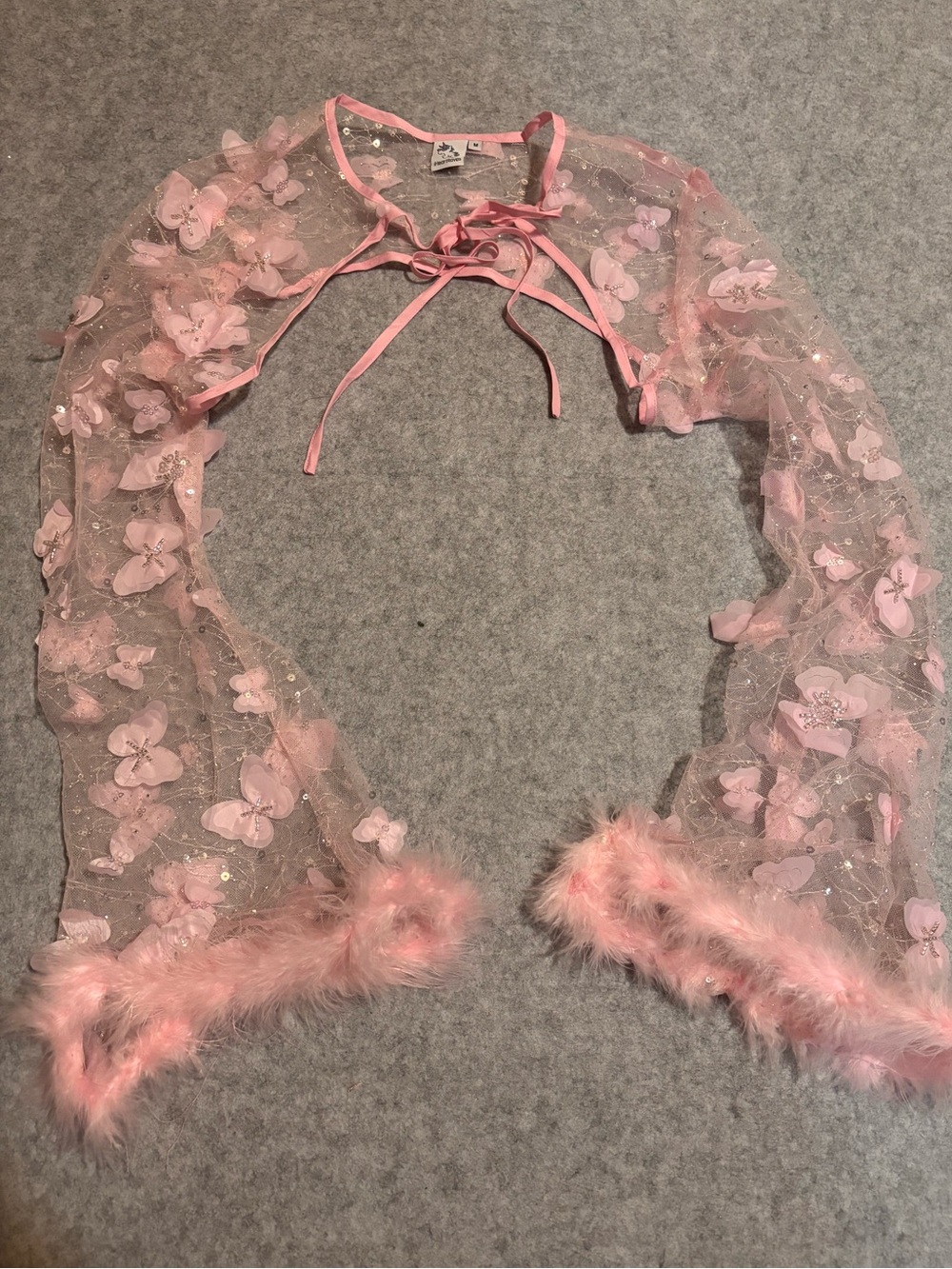 iHeartRaves Pink Butterfly Applique Sequin Mesh Everblossom Marabou Ultra Crop